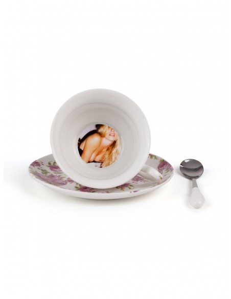SELETTI Guiltless porcelain tea cup with plate and teaspoon - Vittoria