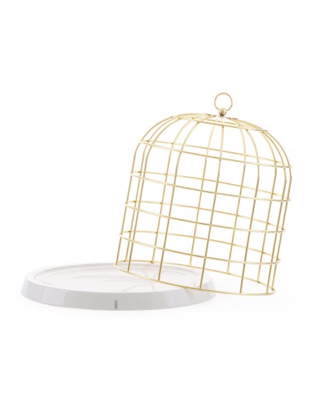 SELETTI Twitable Golden birdcage with porcelain base