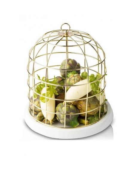 SELETTI twitable gold metal birdcage with porcelain base