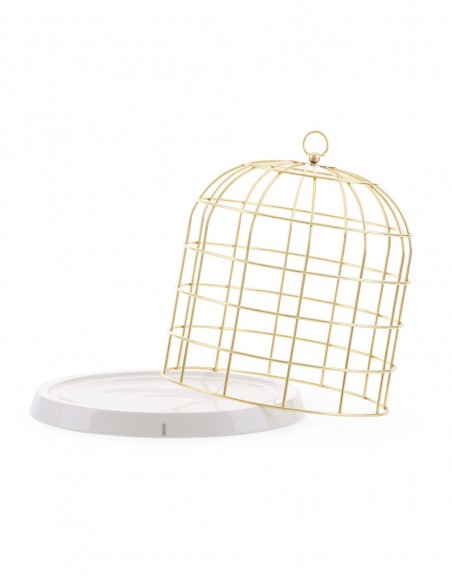SELETTI twitable gold metal birdcage with porcelain base