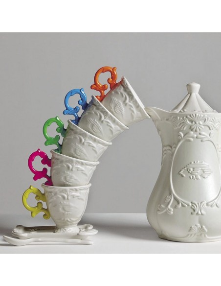 SELETTI i-wares coffee set in porcelain with coloured handle